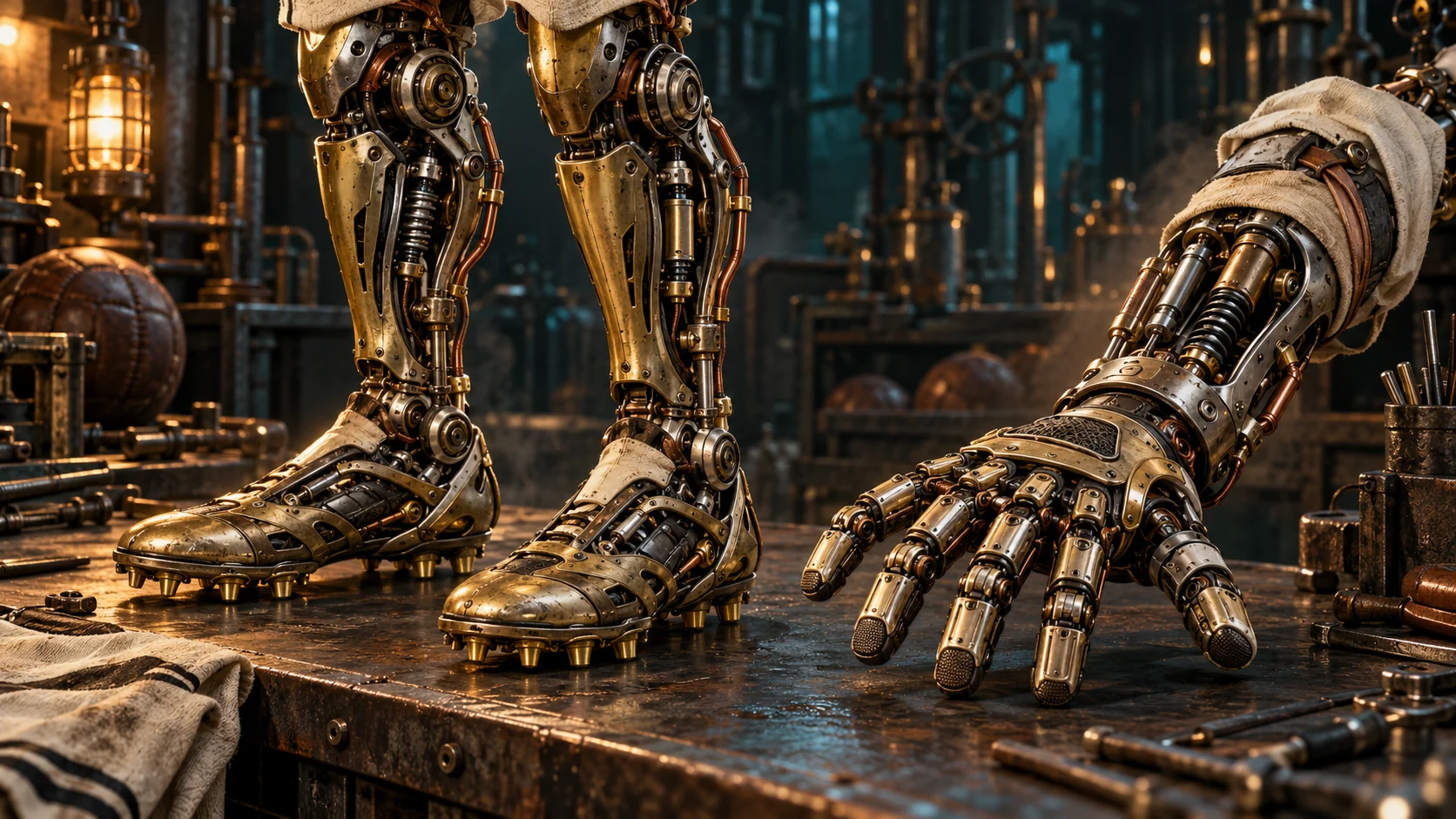 Steampunk football legs and a mechanical goalkeeper hand laid out on an industrial workshop bench.