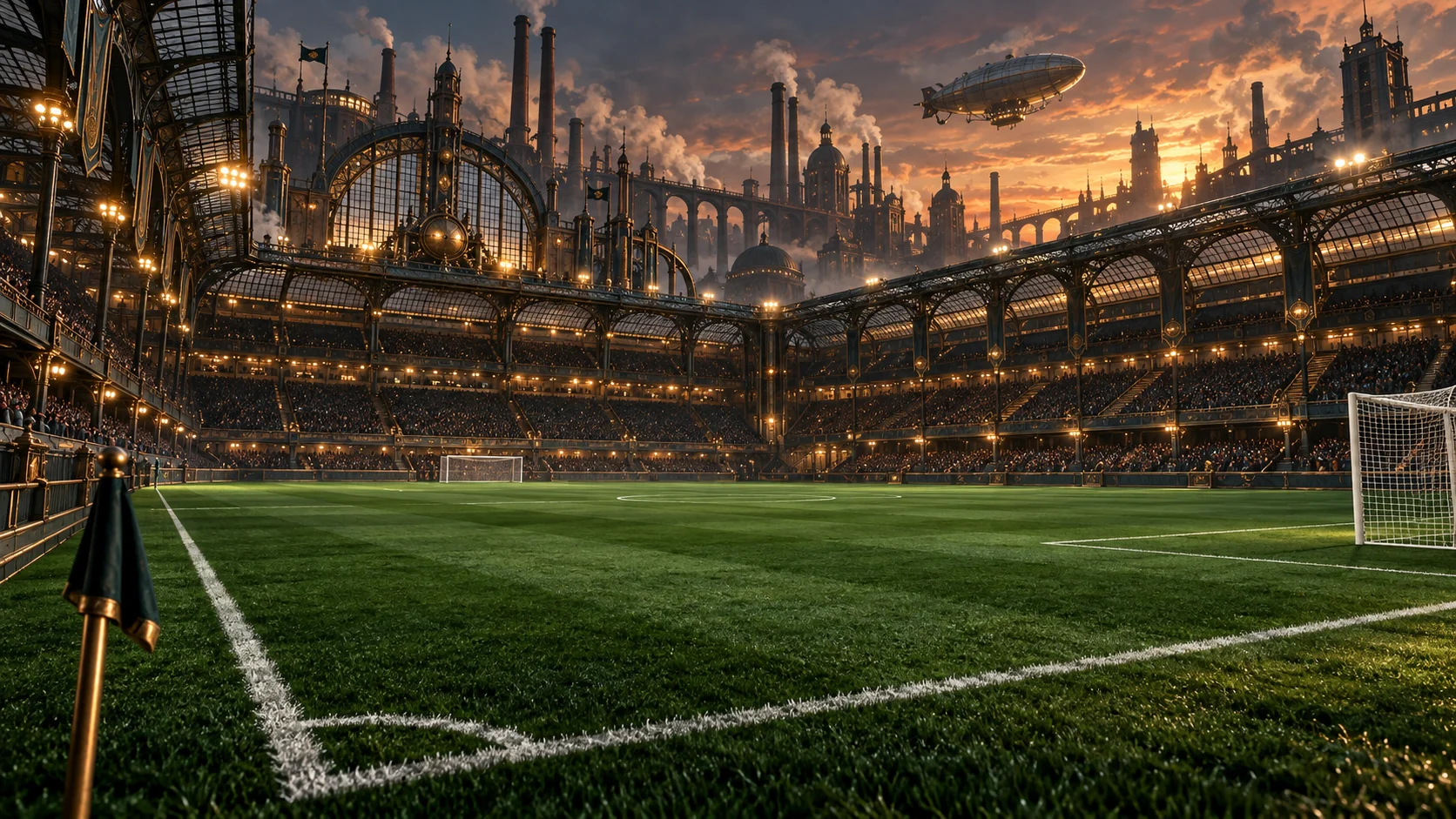The Grand Foundry stadium, with its emerald football pitch, cast-iron arches, glass roofs, and airship-filled industrial skyline.